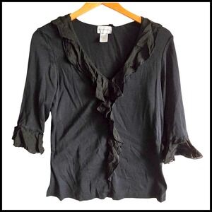Soft Surroundings Ruffle Blouse 3/4 Sleeve V-Neck Top Black Cotton Blend L
